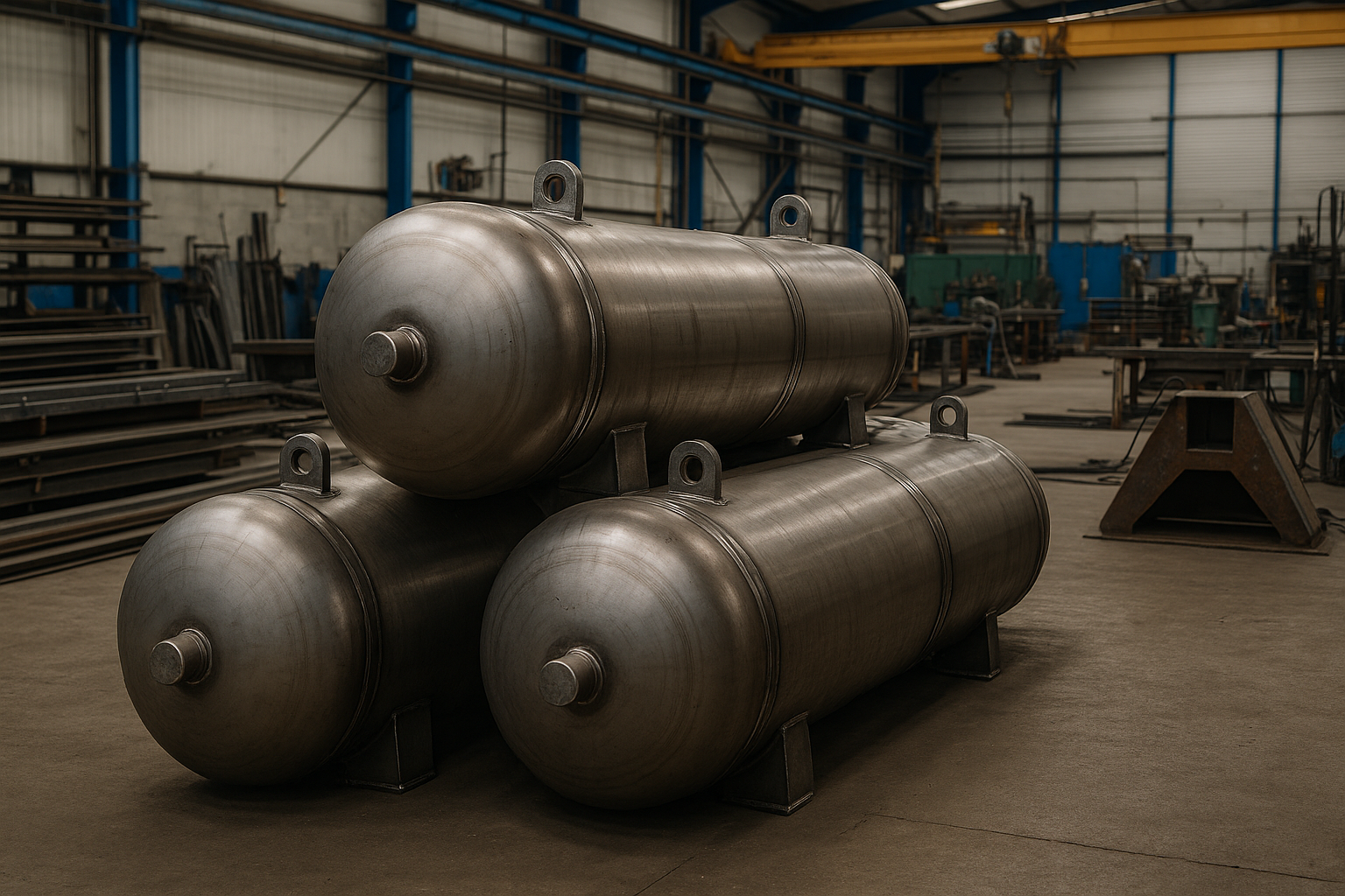 metálicos cilíndricos apilados en un taller de carpintería metálica en Vigo.