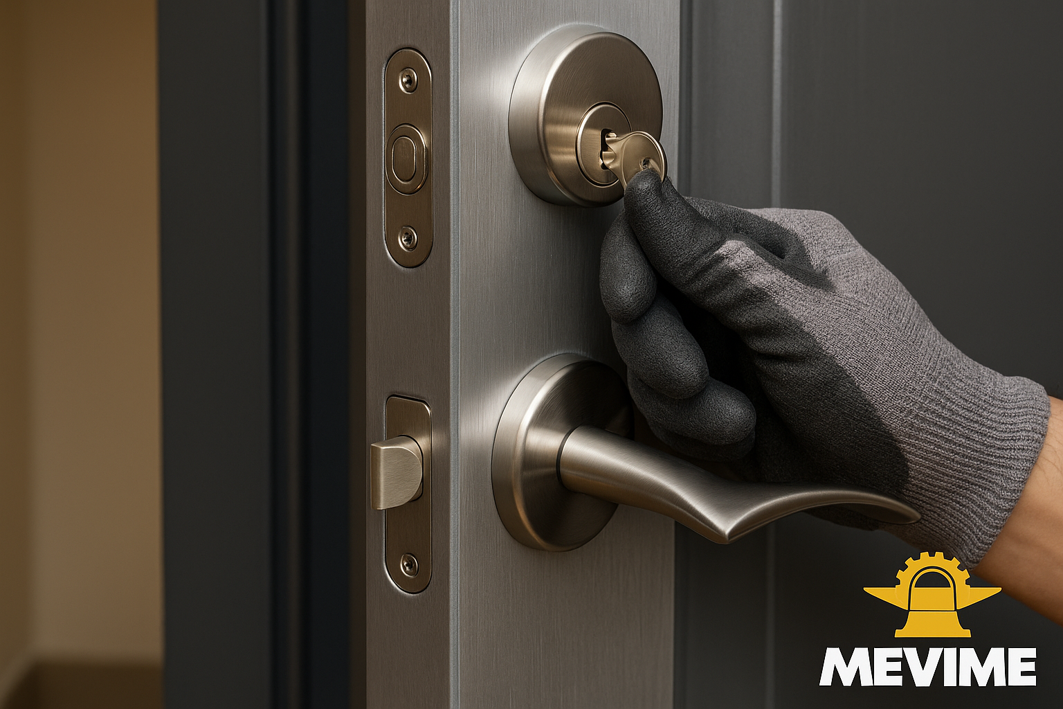 Mano con guante ajustando llave en cerradura de puerta metálica moderna MEVIME